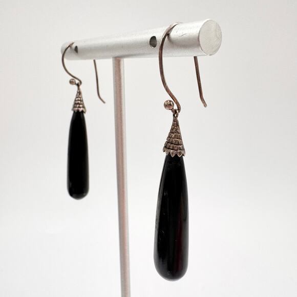 Vintage 925 CFJ THAI Sterling Silver Bali Style Black Dangle Earrings Ethnic - Picture 5 of 13